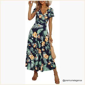 Wrap V-Neck Maxi Sundress with Pockets, Short Sleeve Boho Dress for Summer